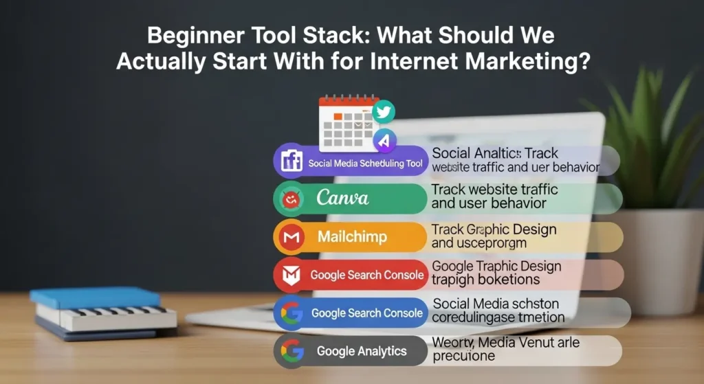 Beginner internet marketing tool stack including Canva, Mailchimp, Google Analytics, and social media tools