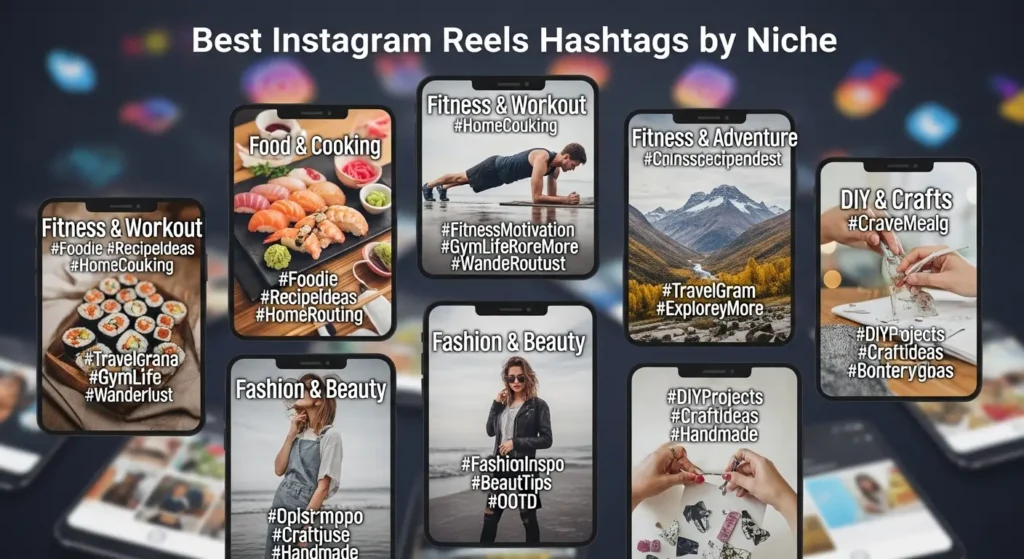 Best Instagram Reels hashtags by niche including fitness, food, fashion, travel, and DIY categories