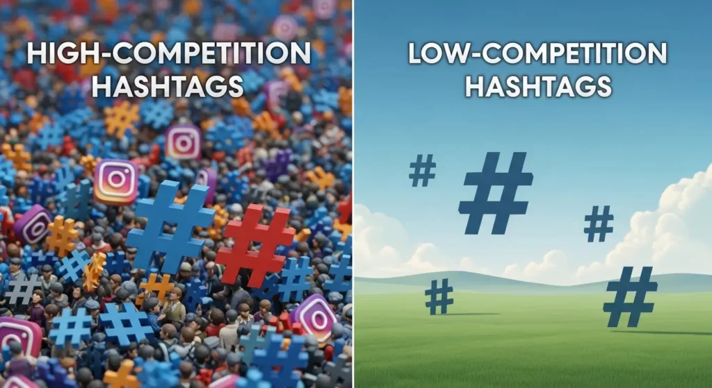 Comparison of high competition vs low competition Instagram hashtags for better reach and engagement