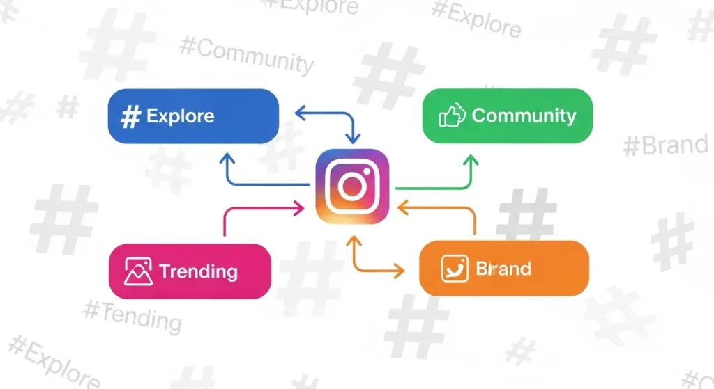 Instagram hashtag strategy showing explore, trending, community, and brand categories for growth