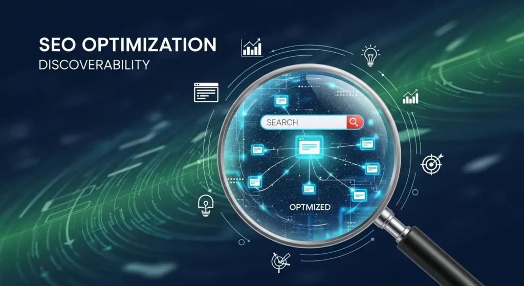 SEO optimization and discoverability concept showing search engine visibility and website ranking improvement