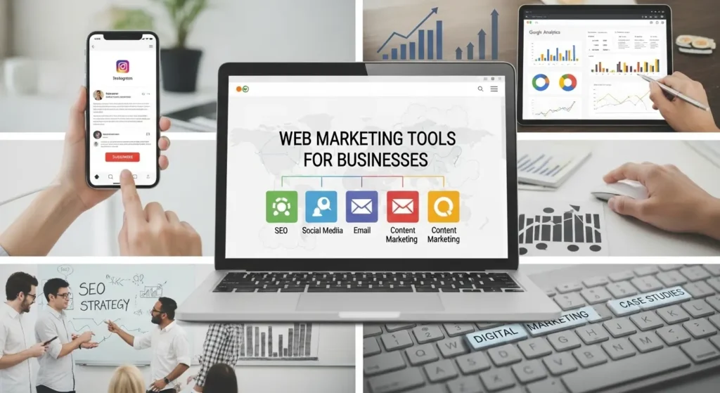 Web marketing tools for businesses including SEO, social media, email marketing, content marketing, and analytics