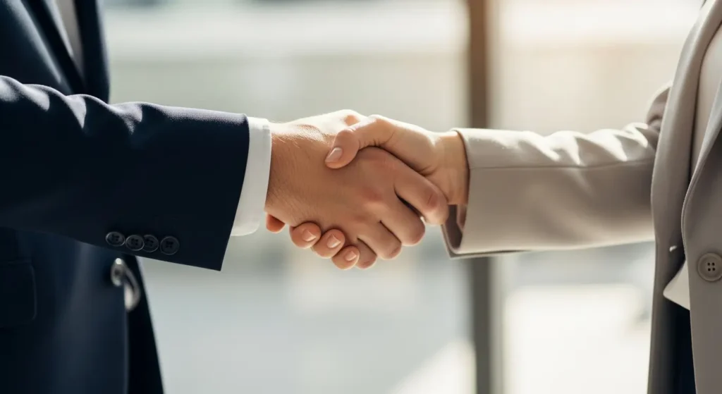 Business partnership handshake between two professionals symbolizing agreement and collaboration deal