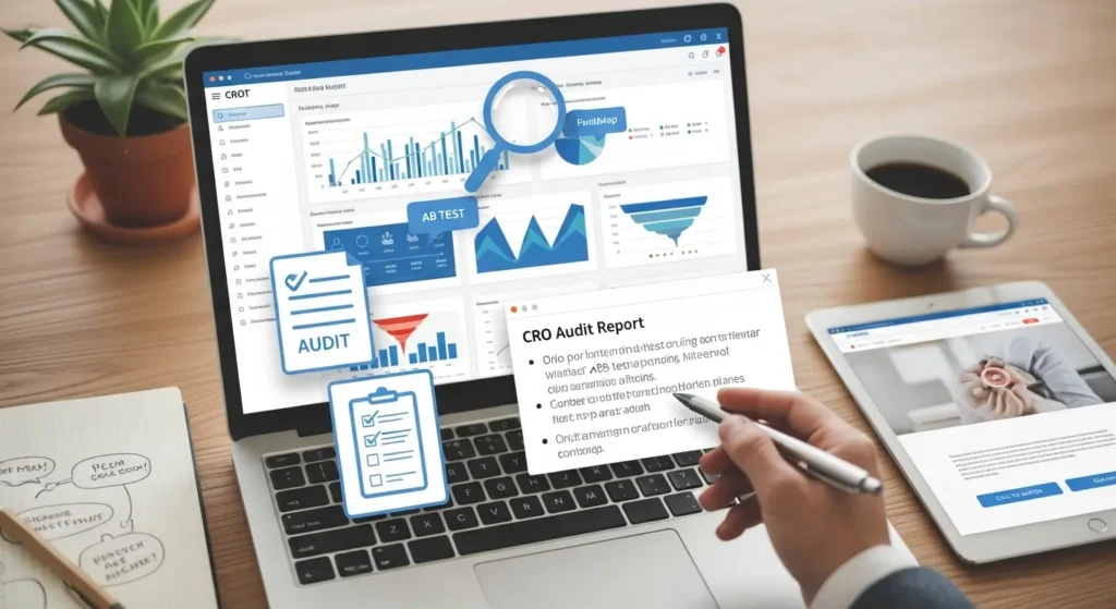 CRO audit report with analytics dashboard, A/B testing, and conversion rate optimization analysis on laptop