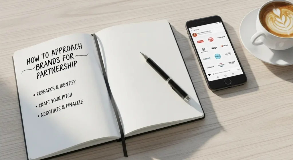 How to approach brands for partnership with steps research pitch and negotiation shown on notebook beside smartphone