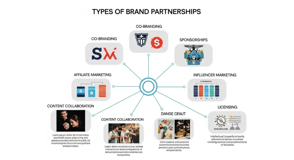 Types of brand partnerships including co-branding, affiliate marketing, influencer marketing, sponsorships and licensing illustrated diagram