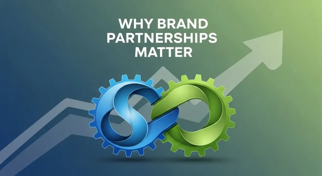 Why brand partnerships matter illustrated with connected gears and growth arrow representing business collaboration success